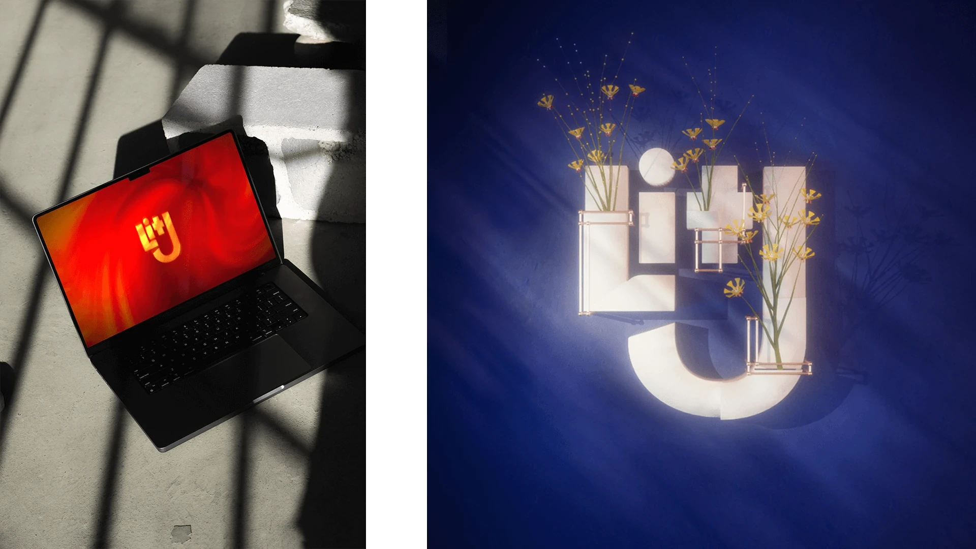 Split scene: laptop showing fiery red LITJ logo beside glowing letterforms sprouting yellow wildflowers on blue