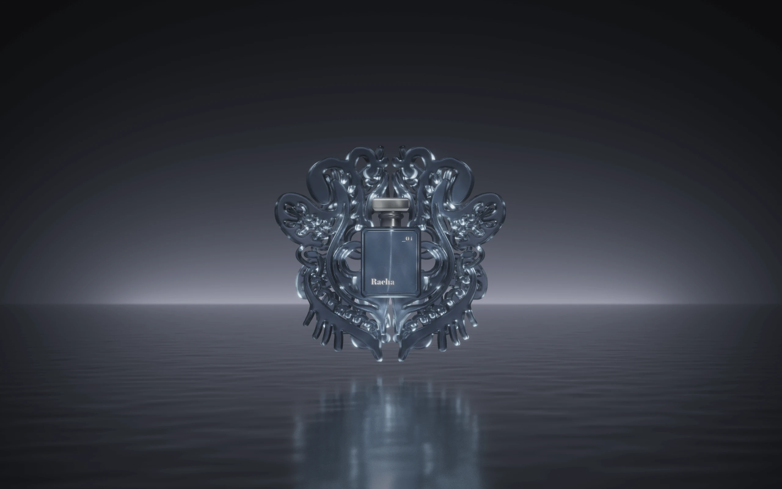 Dark glass Raeha perfume bottle framed by an ornate baroque liquid crest hovering above still grey water