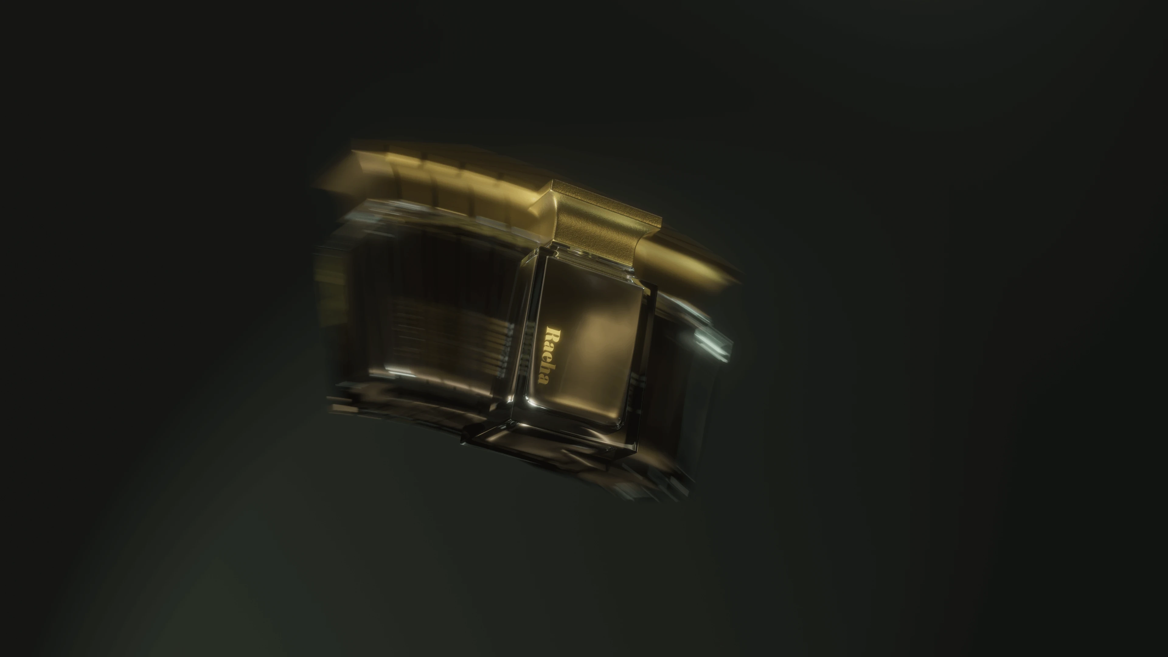 Black and gold Raeha bottle spinning with motion blur against a deep charcoal background