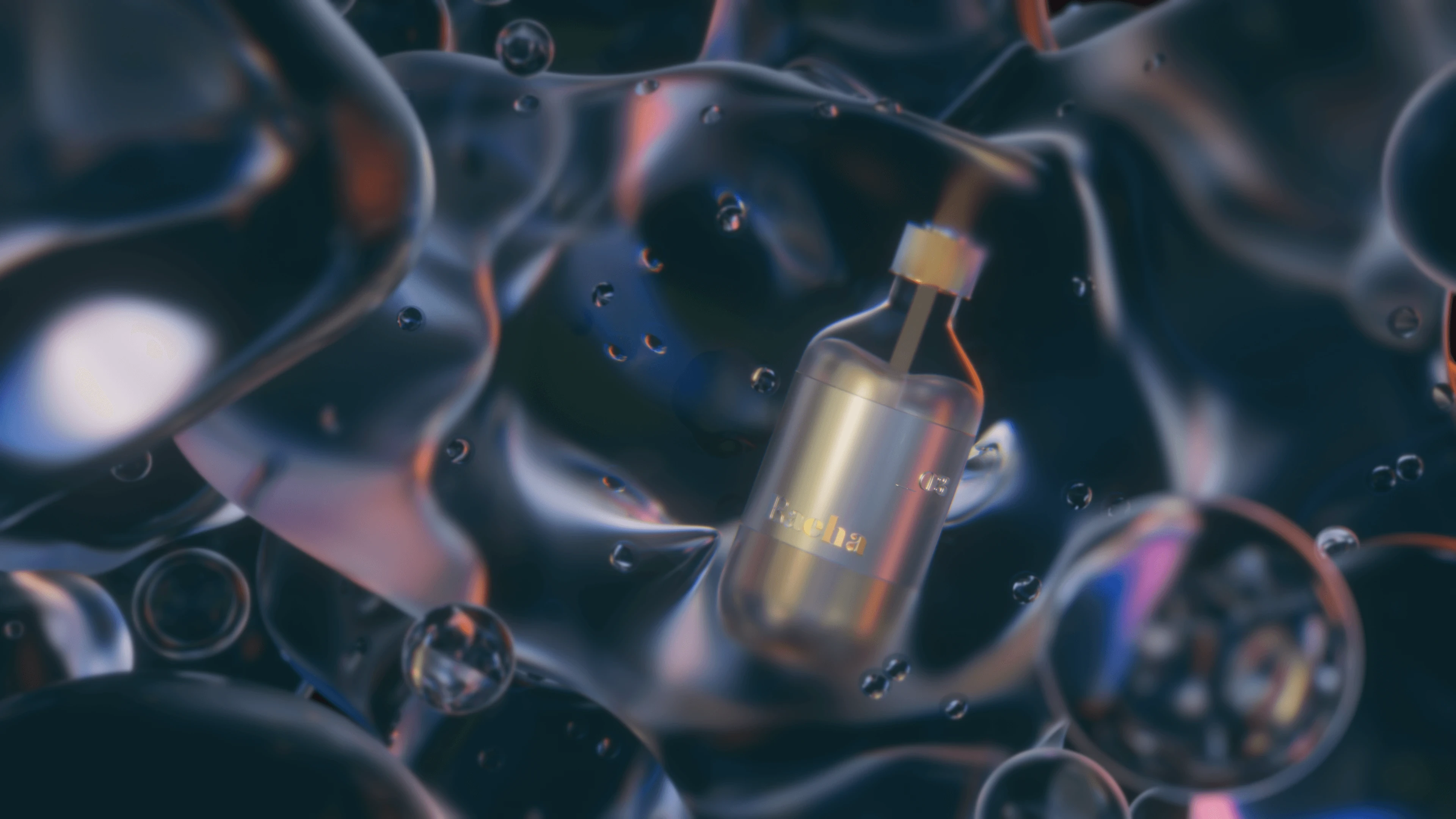 Amber Raeha dropper bottle with gold typography drifting among glossy dark liquid blobs and suspended bubbles