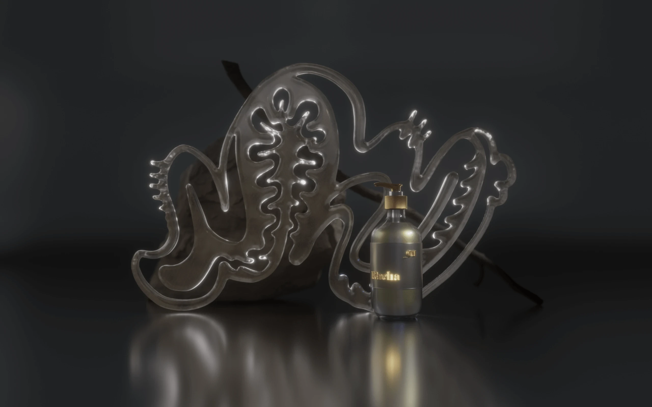 Metallic Raeha pump bottle beside a sculptural clear liquid splash resembling ornamental leaves on a dark reflective floor
